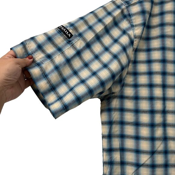 Prana Blue Beige Plaid Outdoor Mens Short Sleeve Snap Button Shirt Size XLarge - Picture 4 of 7